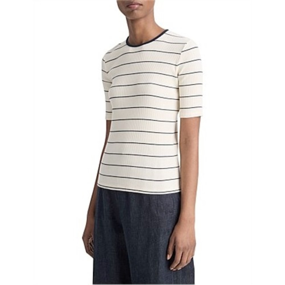 NWT Vince Cotton Striped Ribbed Elbow-Sleeve Tee Black Ivory S Business Casual